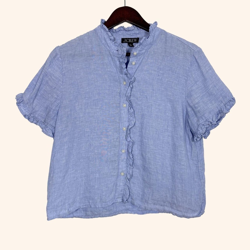 J.Crew Blue 100% Linen Ruffle Button Front Blouse Size S